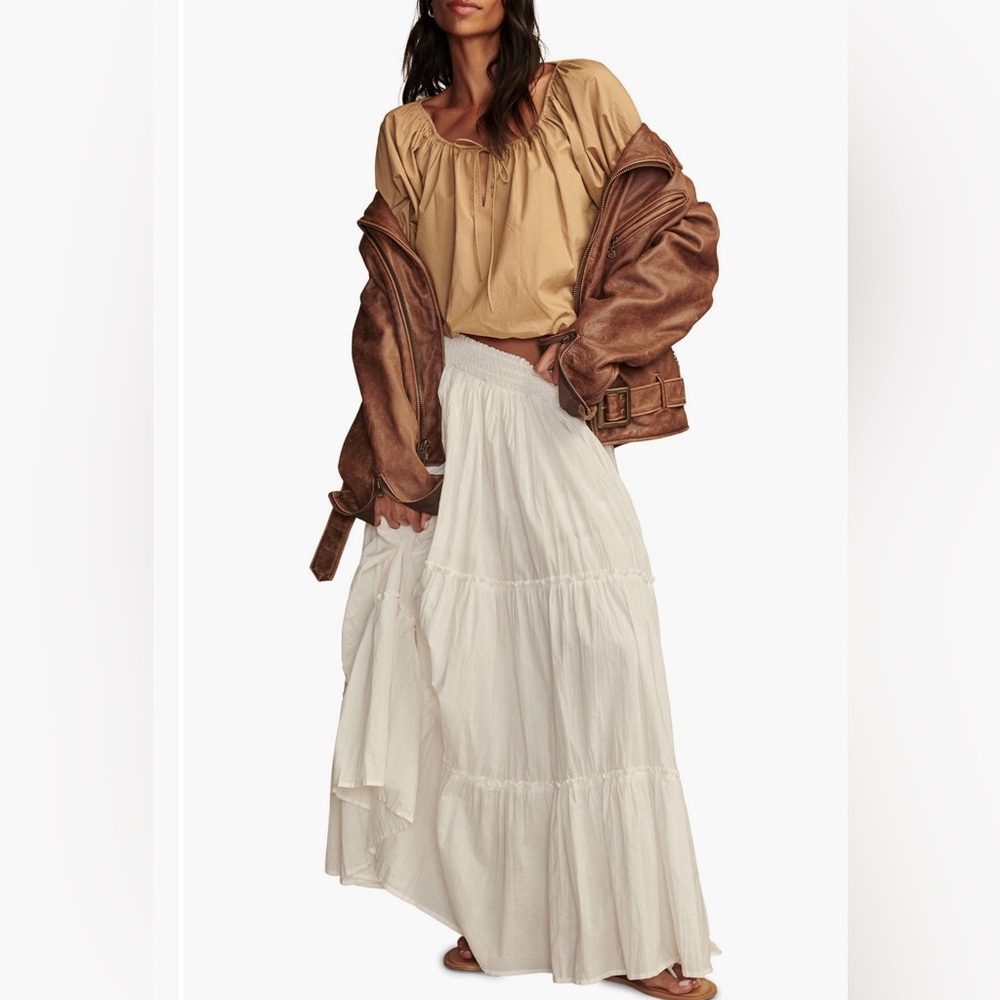 Lucky brand tie top banded waist blouse- tan